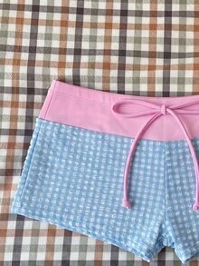 SHEIN Swim 女款夏季/秋季優雅可愛格紋布料高腰泳褲下身（不含上衣）泳池派對海灘度假 - 彩色 - 查看 5