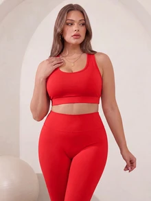 Rhythm Era Plus Size Women's Solid Color Sports Bra & Leggings Set - Red - View 4