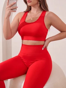 Rhythm Era Plus Size Women's Solid Color Sports Bra & Leggings Set - Red - View 5