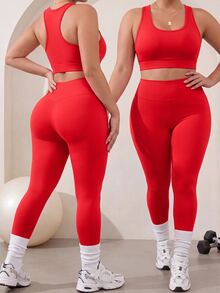 Rhythm Era Plus Size Women's Solid Color Sports Bra & Leggings Set - Red - View 3