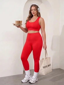 Rhythm Era Plus Size Women's Solid Color Sports Bra & Leggings Set - Red - View 1