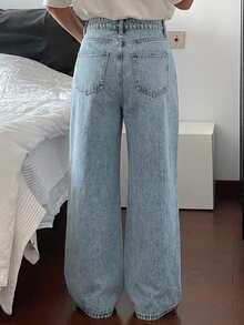 Livesso Women's Cotton High Waist Medium Wash Blue Solid Color Distressed Loose Wide Leg Casual Jeans Fall - Medium Wash - View 2