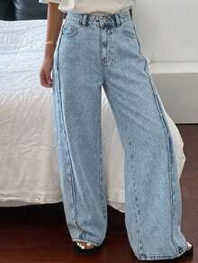 Livesso Women's Cotton High Waist Medium Wash Blue Solid Color Distressed Loose Wide Leg Casual Jeans Fall - Medium Wash - View 4