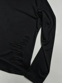 Lalippa Women's Crew Neck Long Sleeve Distressed Streetwear Versatile T-Shirt - Black - View 6