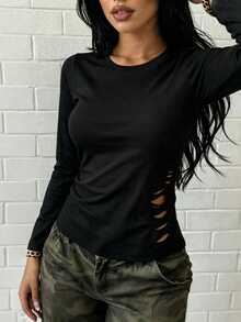Lalippa Women's Crew Neck Long Sleeve Distressed Streetwear Versatile T-Shirt - Black - View 4