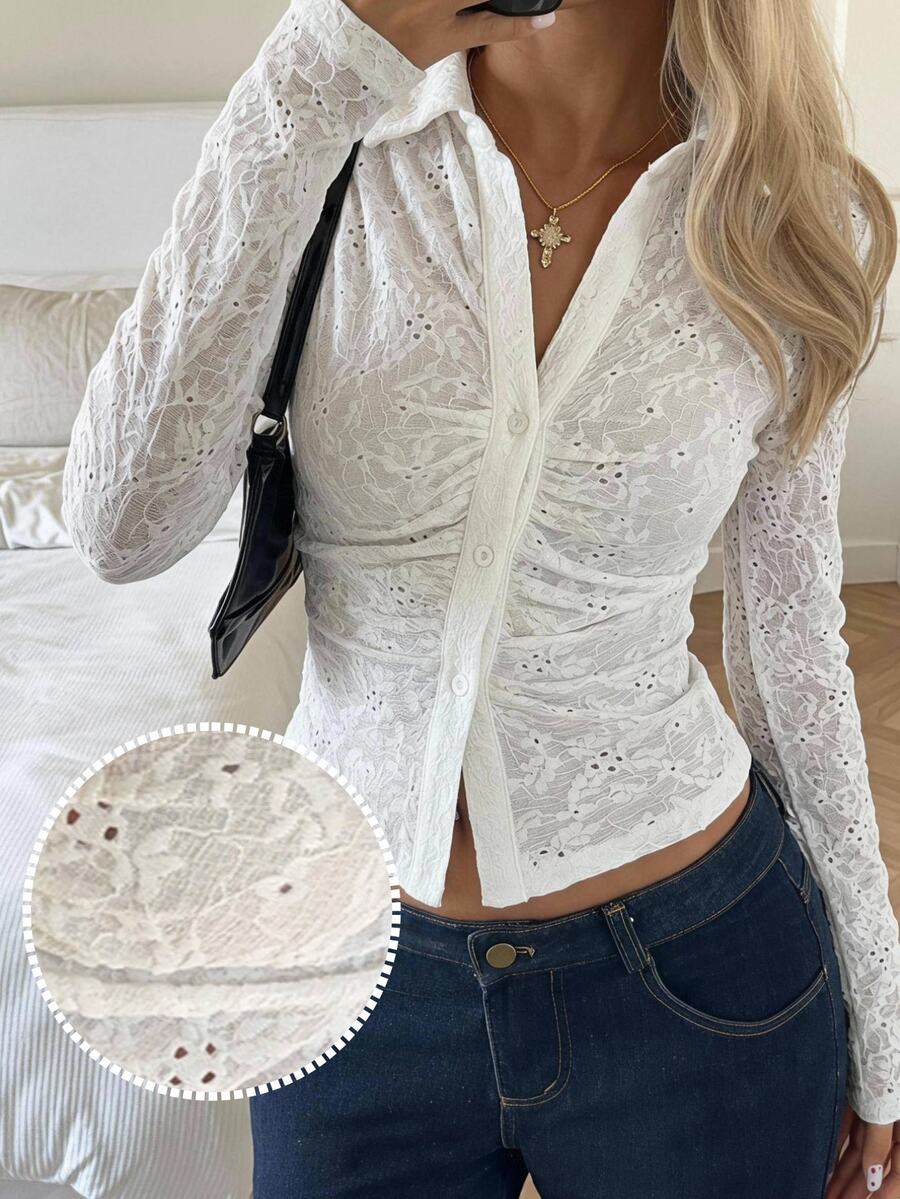 CovetEZ Women's Sexy Embroidered Hollow Button Long Sleeve Shirt - White - View 1