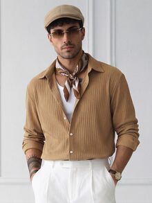 HUEFORM Men's Old Money Style Browm Vertical Textured Knit Single-Breasted  Loose Fit Shirt For Commuting, - Khaki - View 4