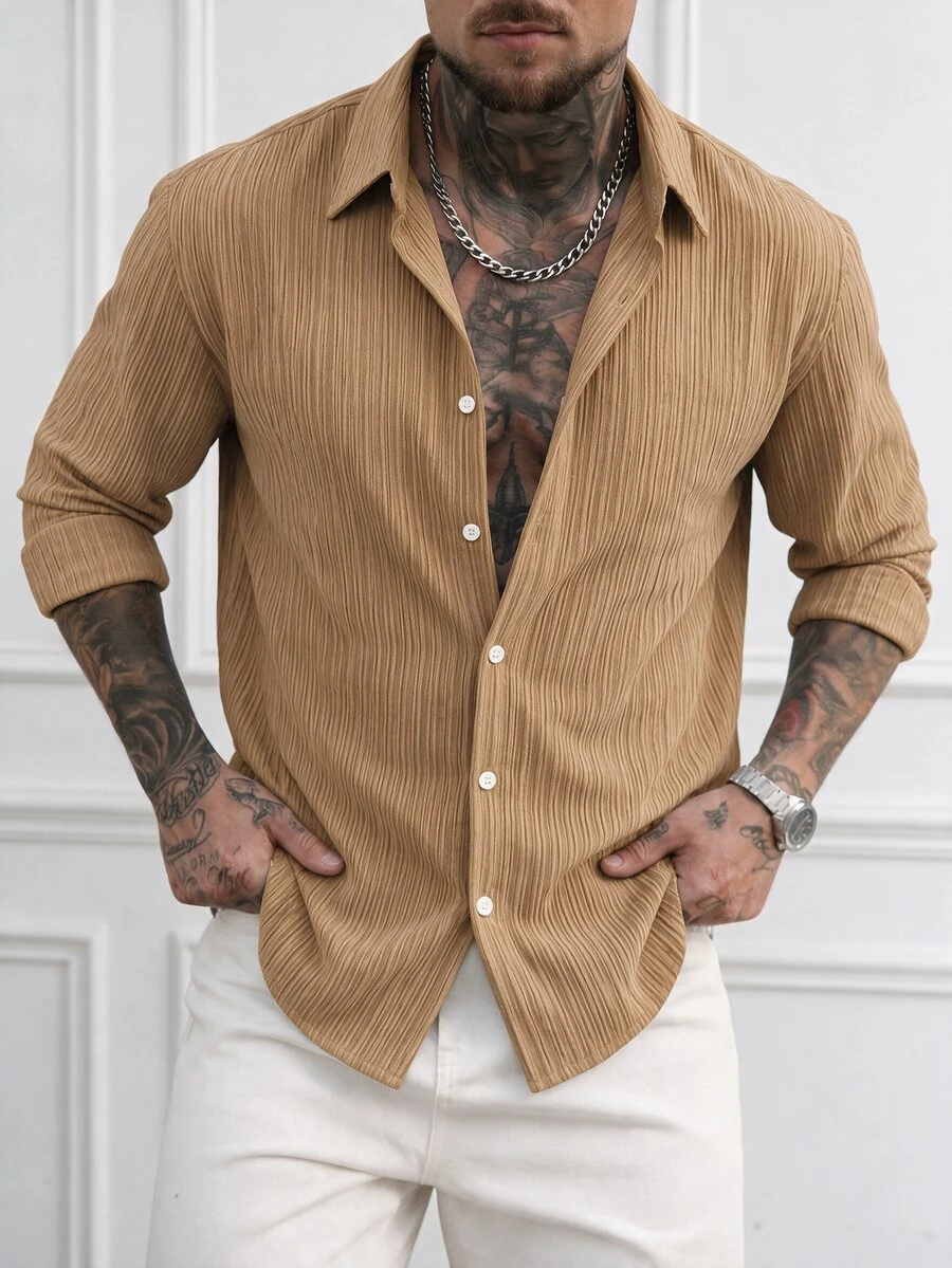 HUEFORM Men's Old Money Style Browm Vertical Textured Knit Single-Breasted Loose Fit Shirt For Commuting, - Khaki - View 1