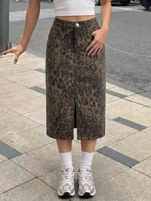 SHEIN Girlism 青少年女孩豹紋休閒日常牛仔長裙 Y2K 秋季冬季休閒服飾 - 棕色 - 查看 2