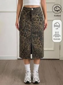 SHEIN Girlism 青少年女孩豹紋休閒日常牛仔長裙 Y2K 秋季冬季休閒服飾 - 棕色 - 查看 7