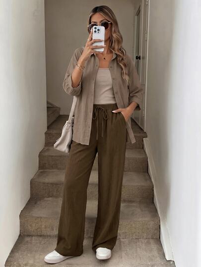 Easowa 3 Pieces Set Women's Autumn Outfit: Chic Casual Sheer Blouse, Slimming Wide-Leg Pants Going Out Travel Vacation Summer Outfits Khaki Olive