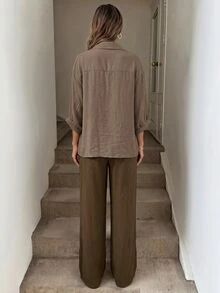 Easowa 3件組女款秋季套裝：時尚休閒透視襯衫、修身寬腿褲，適合外出、旅行、度假，夏季穿搭，卡其色、橄欖綠 - 棕色 - 查看 3