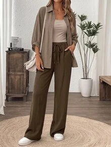 Easowa 3件組女款秋季套裝：時尚休閒透視襯衫、修身寬腿褲，適合外出、旅行、度假，夏季穿搭，卡其色、橄欖綠 - 棕色 - 查看 6