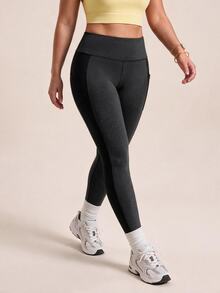 SHEIN Rhythm Era Women's Plus Size Pocket Colorblock Patchwork Sports Leggings Gym Active Dark Purple Summer - Black - View 5