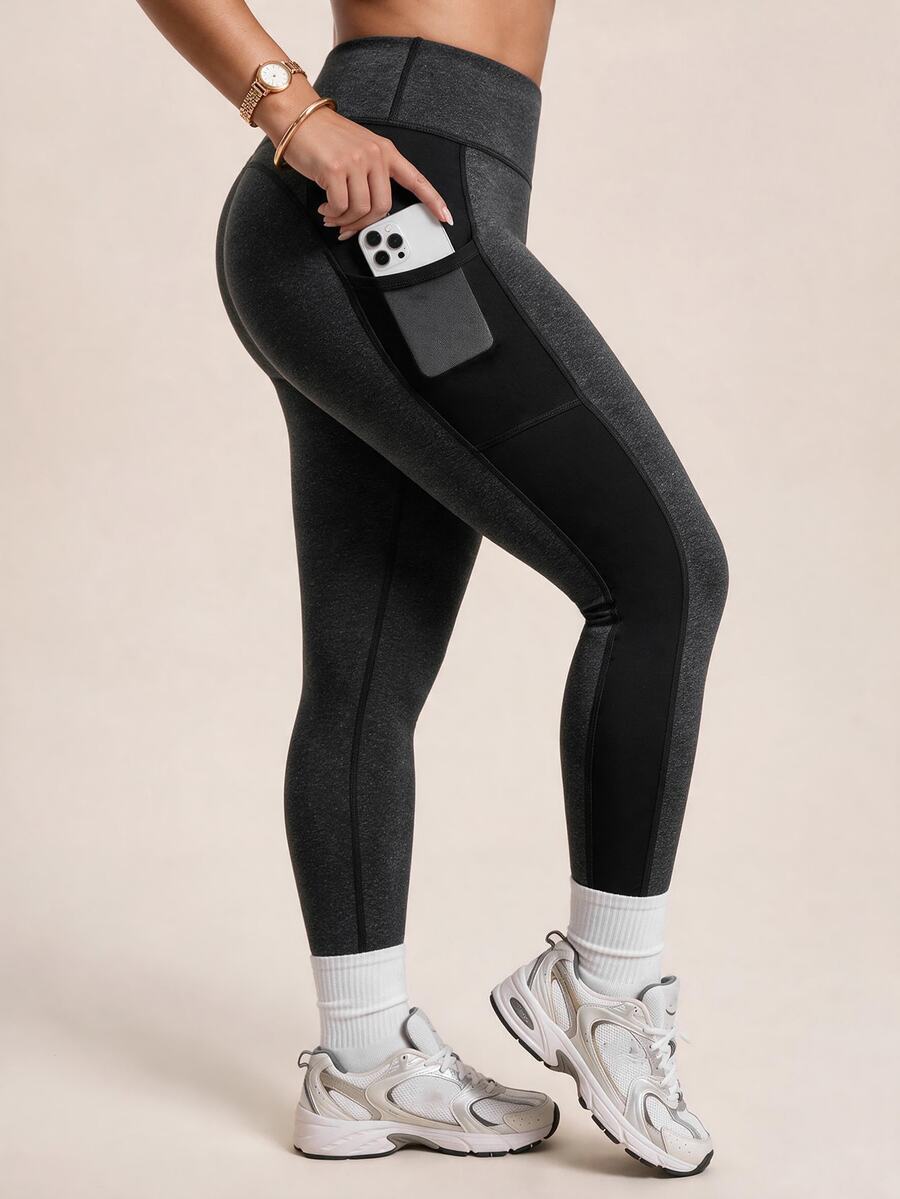 SHEIN Rhythm Era Women's Plus Size Pocket Colorblock Patchwork Sports Leggings Gym Active Dark Purple Summer - Black - View 1