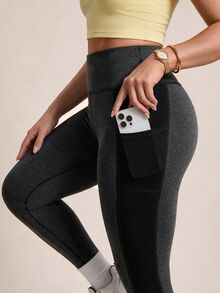 SHEIN Rhythm Era Women's Plus Size Pocket Colorblock Patchwork Sports Leggings Gym Active Dark Purple Summer - Black - View 7