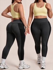 SHEIN Rhythm Era Women's Plus Size Pocket Colorblock Patchwork Sports Leggings Gym Active Dark Purple Summer - Black - View 3