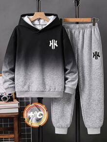 Teen Boy Casual Minimalist Long Sleeve Comfortable Hoodie & Pants 2 Pieces Set, Suitable For Autumn/Winter - Multicolor - View 1