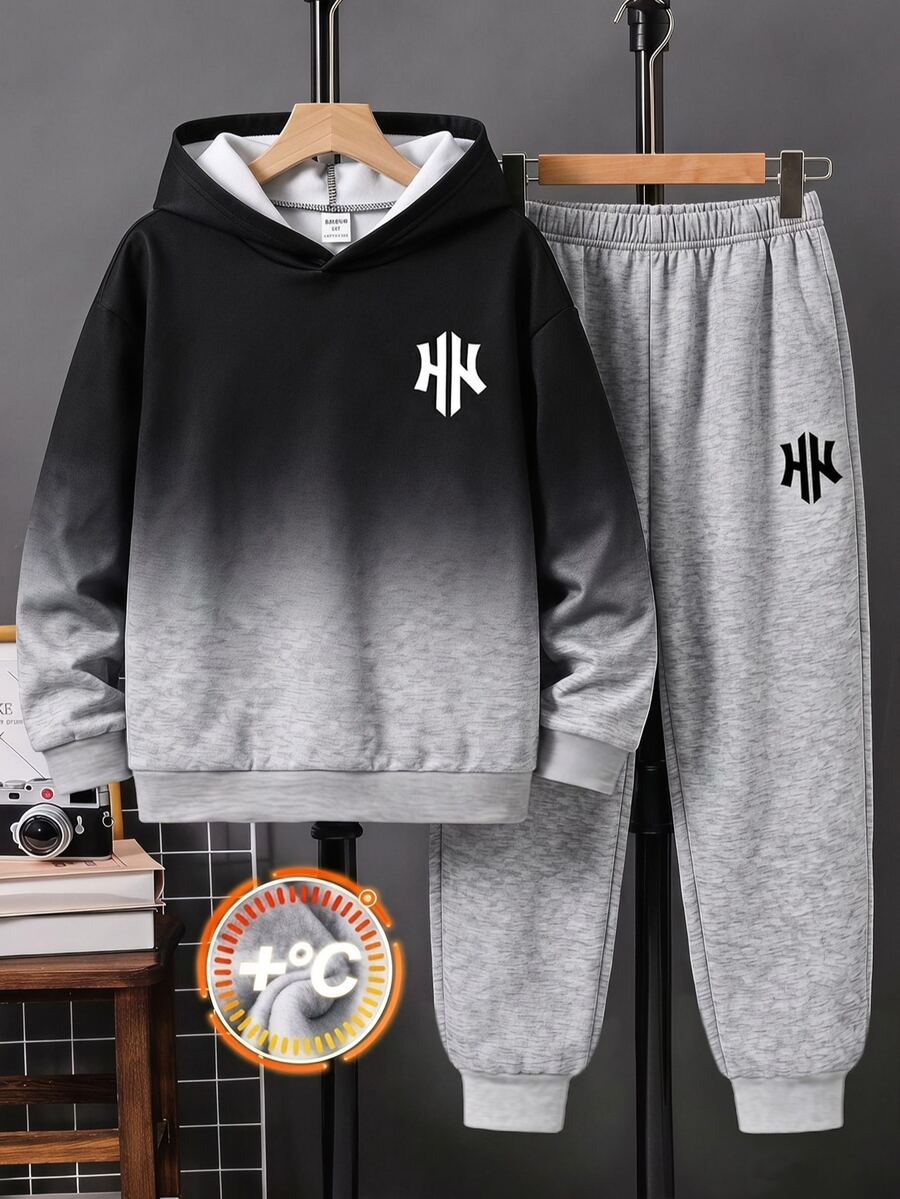 Teen Boy Casual Minimalist Long Sleeve Comfortable Hoodie & Pants 2 Pieces Set, Suitable For Autumn/Winter - Multicolor - View 1