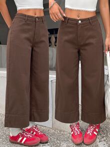 SHEIN PETITE 女款低腰直筒九分牛仔褲 - 棕色 - 查看 1