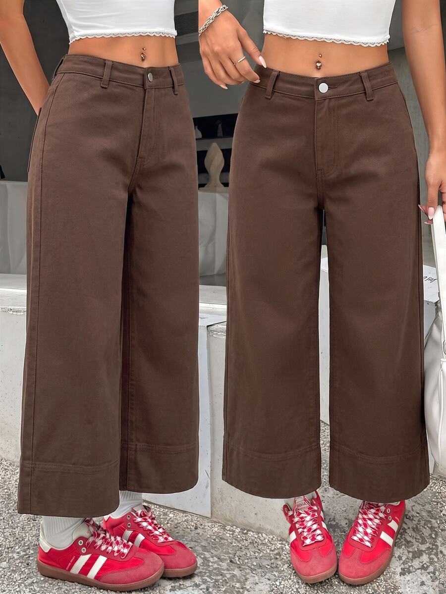 SHEIN PETITE 女款低腰直筒九分牛仔褲 - 棕色 - 查看 1