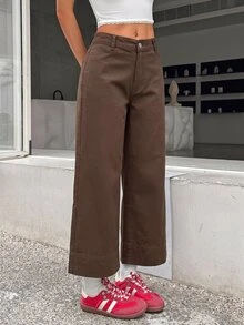 SHEIN PETITE 女款低腰直筒九分牛仔褲 - 棕色 - 查看 3