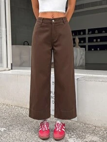 SHEIN PETITE 女款低腰直筒九分牛仔褲 - 棕色 - 查看 2
