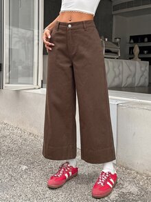 SHEIN PETITE 女款低腰直筒九分牛仔褲 - 棕色 - 查看 5
