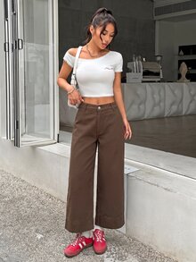 SHEIN PETITE 女款低腰直筒九分牛仔褲 - 棕色 - 查看 4