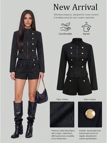 Sweetra Slim Fit Elegant Preppy Versatile Metal Button Napoleon Style Blazer And Shorts Set Office Black And Gold Summer - Black - View 1
