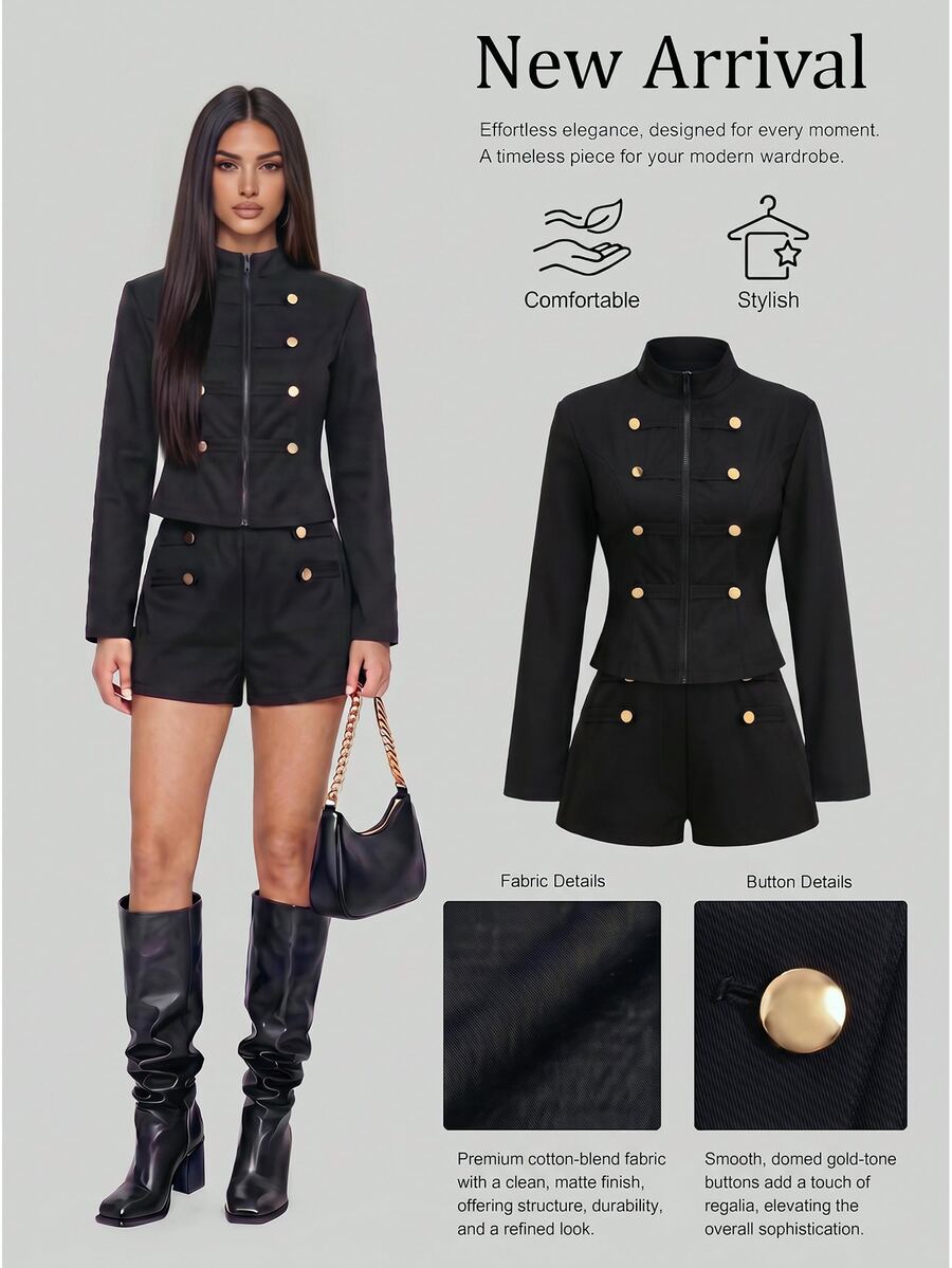 Sweetra Slim Fit Elegant Preppy Versatile Metal Button Napoleon Style Blazer And Shorts Set Office Black And Gold Summer - Black - View 1
