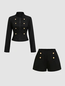 Sweetra Slim Fit Elegant Preppy Versatile Metal Button Napoleon Style Blazer And Shorts Set Office Black And Gold Summer - Black - View 3