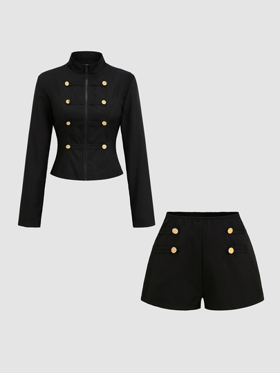 Sweetra Ensemble Blazer et Short Style Napoléon Élégant Preppy Polyvalent Coupe Slim avec Boutons Métalliques Noir et Or pour Bureau Été