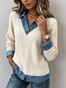 Linhara CURVE Plus Size Women's Patchwork Denim Effect Print Long Sleeve Casual Soft Form Sweatshirt Formal Office Baby Blue Autumn Fall - Multicolor - View 6