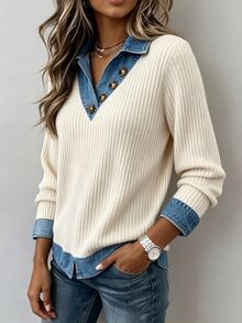 Linhara CURVE Plus Size Women's Patchwork Denim Effect Print Long Sleeve Casual Soft Form Sweatshirt Formal Office Baby Blue Autumn Fall - Multicolor - View 5