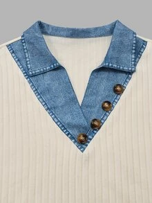 Linhara CURVE Plus Size Women's Patchwork Denim Effect Print Long Sleeve Casual Soft Form Sweatshirt Formal Office Baby Blue Autumn Fall - Multicolor - View 4