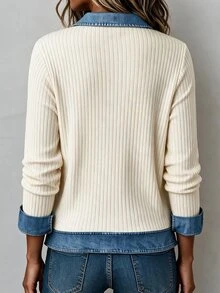 Linhara CURVE Plus Size Women's Patchwork Denim Effect Print Long Sleeve Casual Soft Form Sweatshirt Formal Office Baby Blue Autumn Fall - Multicolor - View 2