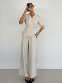 Siren Gaze Women's Lace Patchwork V-Neck Blazer And Pants Suit Set - Apricot - View 4
