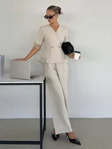 Siren Gaze Women's Lace Patchwork V-Neck Blazer And Pants Suit Set - Apricot - View 1