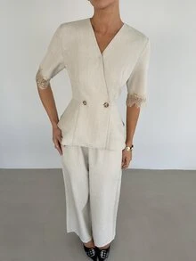 Siren Gaze Women's Lace Patchwork V-Neck Blazer And Pants Suit Set - Apricot - View 8