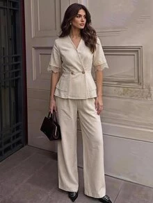 Siren Gaze Women's Lace Patchwork V-Neck Blazer And Pants Suit Set - Apricot - View 6