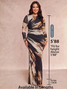SHEIN Tall CURVE Plus Size Fashion Ruched Waist Long Sleeve Vacation Dress Formal Cocktail Navy Blue Autumn Elegant Traditional Fall - Multicolor - View 2