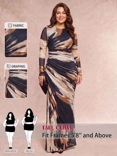 SHEIN Tall CURVE فستان عطلة أنيق تقليدي للخريف بأكمام طويلة وخصر مكشكش، مقاس كبير، أزرق داكن، مناسب للمناسبات الرسمية والحفلات
