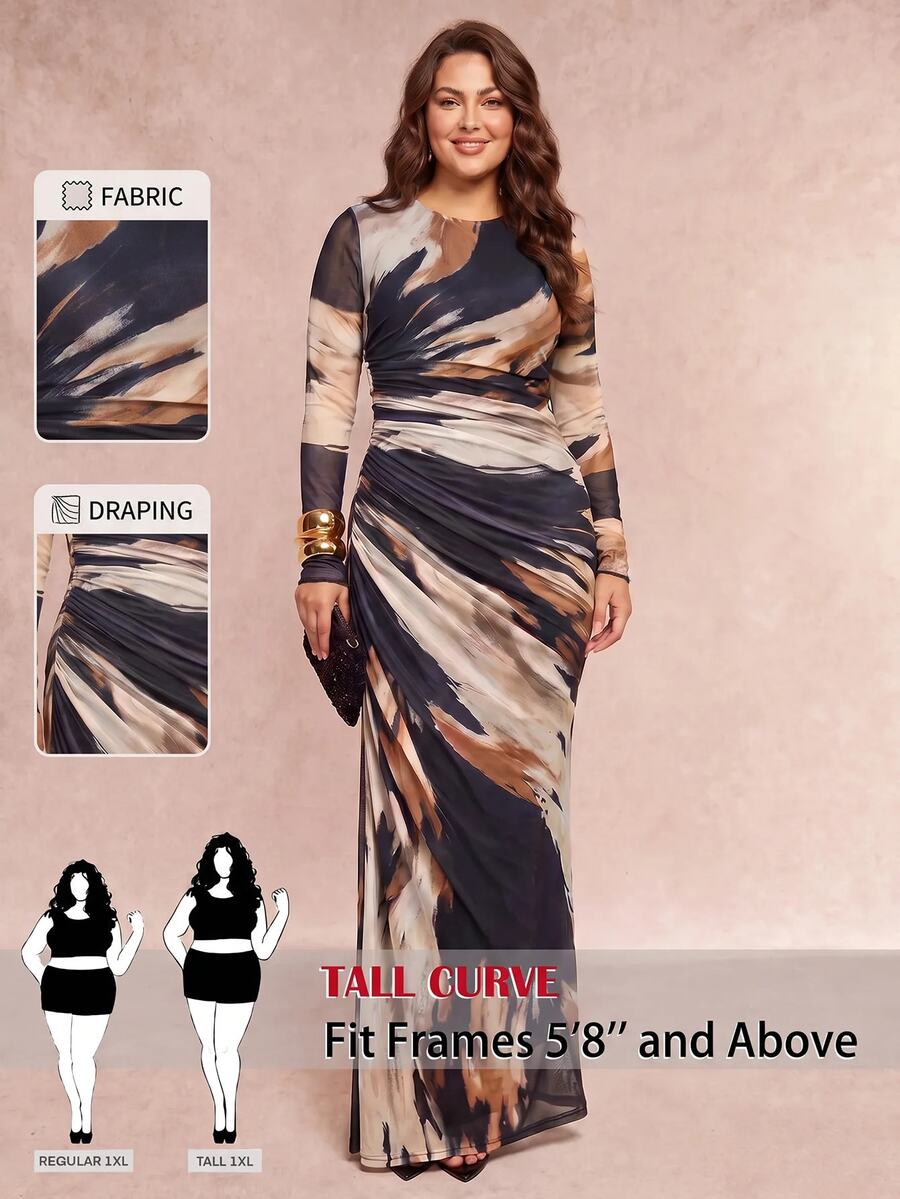 SHEIN Tall CURVE 大尺碼時尚抓皺腰長袖度假洋裝 正式雞尾酒會海軍藍 秋季優雅傳統風格 - 彩色 - 查看 1