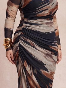 SHEIN Tall CURVE Plus Size Fashion Ruched Waist Long Sleeve Vacation Dress Formal Cocktail Navy Blue Autumn Elegant Traditional Fall - Multicolor - View 8
