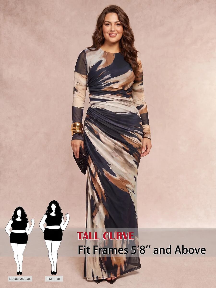 SHEIN Tall CURVE Plus Size Fashion Ruched Waist Long Sleeve Vacation Dress Formal Cocktail Navy Blue Autumn Elegant Traditional Fall - Multicolor - View 1
