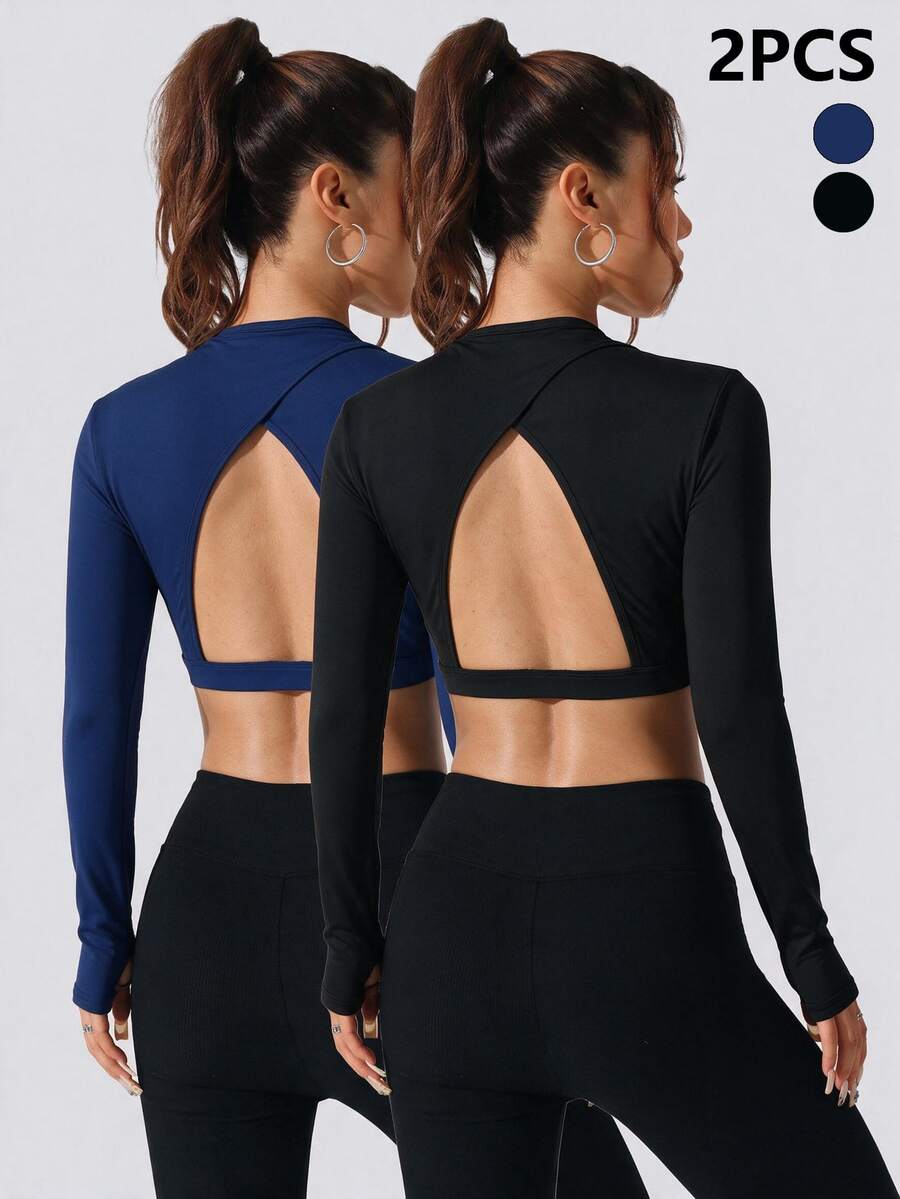 Velisys Velisys Solid Color Backless Fitted Cropped Sports Modest Athleisure T-Shirt Workout Gym Navy Blue Black Autumn - Multicolor - View 1