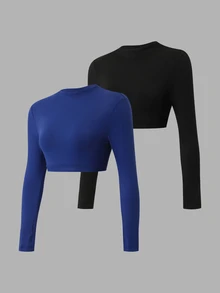 Velisys Velisys Solid Color Backless Fitted Cropped Sports Modest Athleisure T-Shirt Workout Gym Navy Blue Black Autumn - Multicolor - View 6