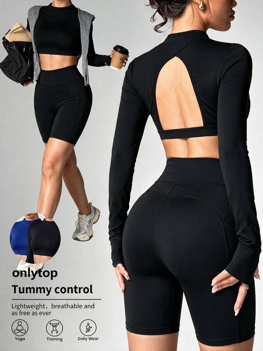 Velisys Velisys Solid Color Backless Fitted Cropped Sports Modest Athleisure T-Shirt Workout Gym Navy Blue Black Autumn - Multicolor - View 1