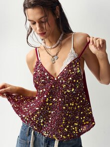 Bohemela Tank Top Camisole Berpayet Cantik untuk Wanita, Cocok untuk Liburan, Pesta, dan Bar - Burgundy - View 1